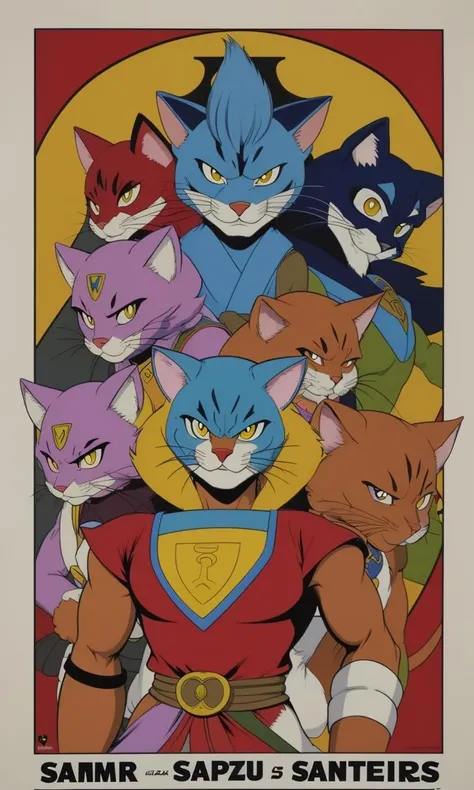 wsma1985, cartoon, vibrant colors, best quality, masterpiece, poster, samurai pizza cats