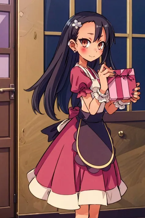 anime girl with long black hair holding a pink present