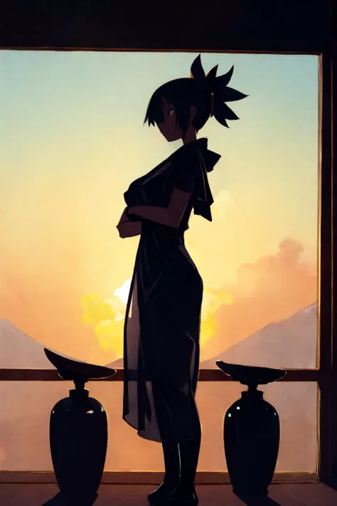 anime girl standing in front of a window with a sunset in the background