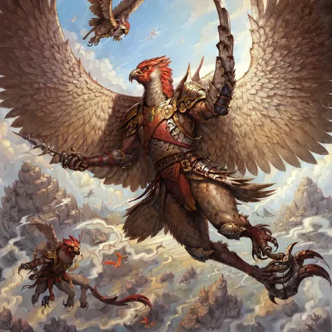 masterpiece, best quality,((solo)),  painting of aven  a racing red bird man with claws wearing armor, medieval setting, flying ...