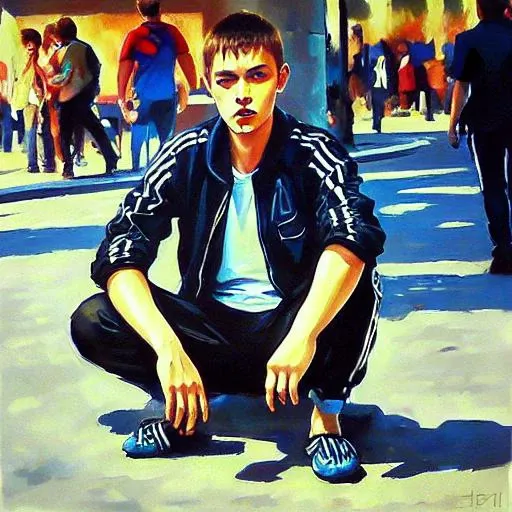 gopnik guy is sitting on the street, gopstyle, semi-realistic art 8k, ultra artstation quality