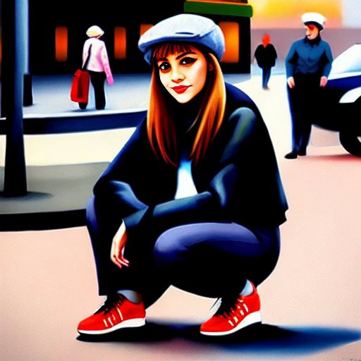 gopgirl girl is sitting on the street, peaked cap, gopstyle, semi-realistic art 8k, ultra artstation quality