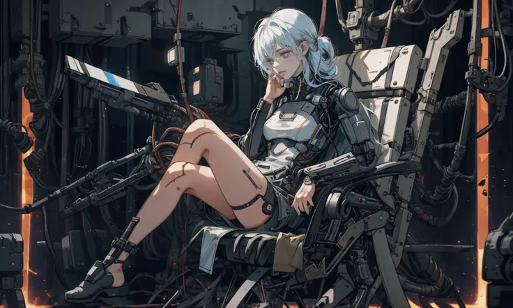 Masterpiece, Illustration, fine detail, best quality, official art, 1girl, portrait of an android,  sitting on an electric chair, deep thought, full body, ceramic skin, , robot part, beautiful studio soft light, rim light, vibrant details, luxury ,cyberpun...