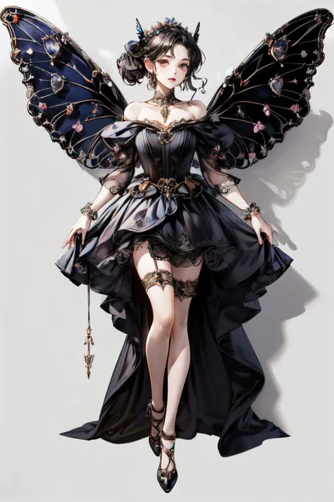 (masterpiece, best quality, high quality, highres, ultra-detailed),official art,official wallpaper,1girl, A genie with black butterfly wings, beautiful, pretty,beautiful,black dress, <lora:insect jewelry:1>,(zhubao:1.1),flying in the sky,  <lora:Skirt_Tail...