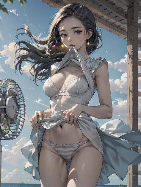 (masterpiece,highres, ultra detailed), 1girl,full body, <lora:PerfectNwsjMajic_4:0.8>, PerfectNwsjMajic,  <lora:electric-fan:0.8>, (electric fan:1.5),(white dress:1.8),long hair,striped panties, standing,looking at  viewer ,(dress lift up:1.8),(hands on dr...