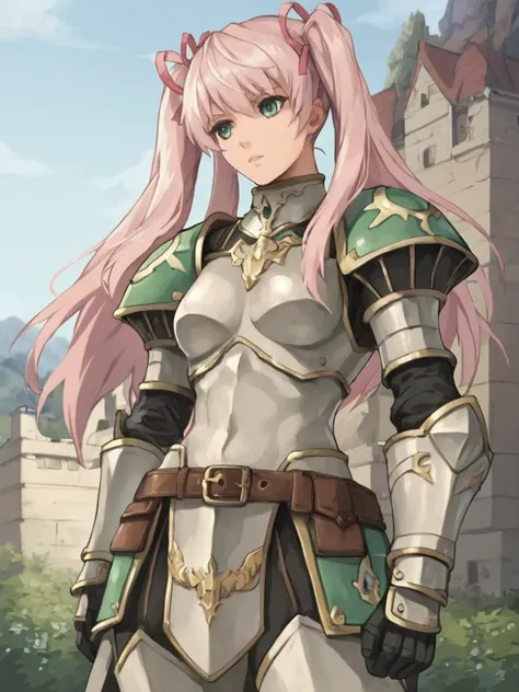 score_9,score_8_up,score_7_up, valkyrie suvia
1girl, armor, long hair, pink hair, ribbon, hair ribbon, breastplate, twintails, green eyes, belt, outdoor, castle ruin, 
 <lora:suvia:0.7>