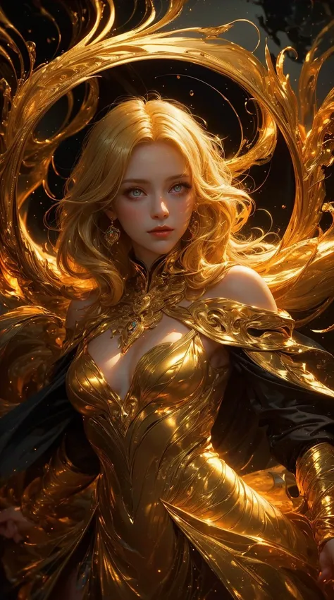 (masterpiece, top quality, best quality, official art, beautiful and aesthetic:1.2), (1girl) blonde hair, golden goddess dress, angelegilic, glowing eyes, night atmosphere light, edge light,looking in the camera, center composition, cute, looking in the ca...