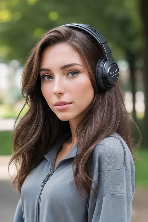 closeup headshot of S184_TaylorAlesia,an attractive woman,in a (park:1.1),wearing a (bloues:1.1),(headphones:1.1),(8k, RAW photo, best quality, depth of field, ultra high res:1.2),(absurdres, intricate, photorealistic, masterpiece, ultra-detailed:1.3),