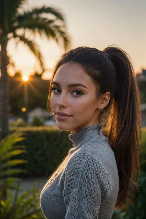 headshot of S184_TaylorAlesia,a stunning woman,in a (garden:1.1),wearing a (crewneck:1.1),(ponytail),(sunset:1.1),(8k, RAW photo, best quality, depth of field, ultra high res:1.2),(absurdres, intricate, photorealistic, masterpiece, ultra-detailed:1.3),