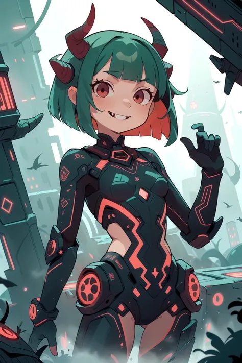 flat vector art , illustration,
closeup, small breasts, seductive smile, best quality,
bob cut, red eyes, green hair,multicolored hair, aqua hair,
1girl, standing in a scifi city, perfect face ,
<lora:DemonicTech-20:0.8> demonictech, scifi, horns,