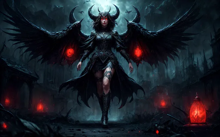 a woman with horns and red eyes stands in a dark forest