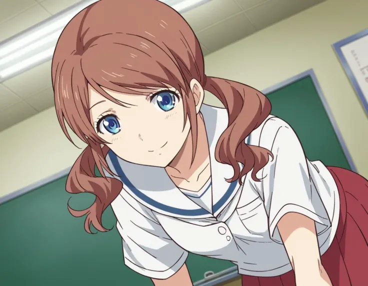 anime image of a woman in a school uniform leaning over a desk