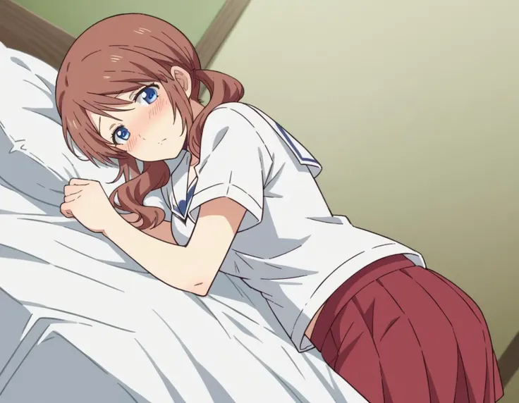 anime girl laying in bed with her arms on the pillow