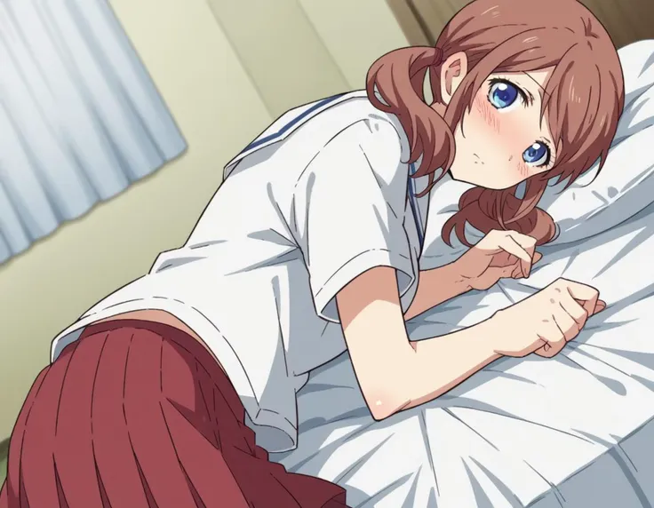 anime image of a woman laying in bed with a pillow