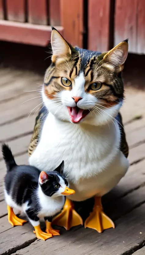 there is a cat and a cat bird on a wooden deck