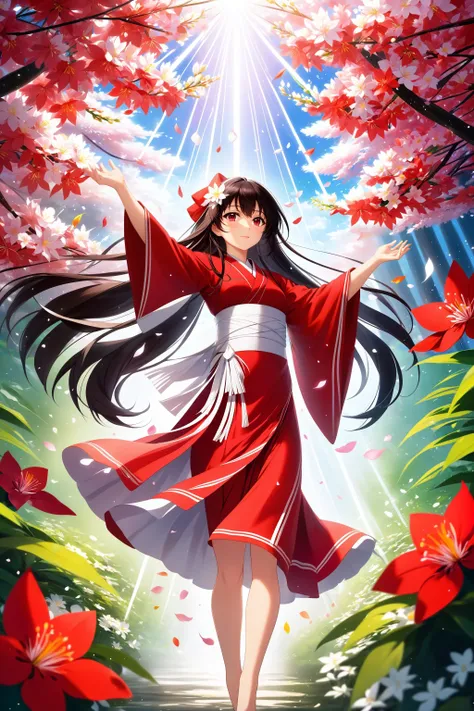 (masterpiece, best quality, highres, anime art style, pixiv), (vivid color, light particles, bloom, light rays, flowers, petals), (1girl, solo, hakurei reimu, mature female, straight hair, long hair), (vegetation),