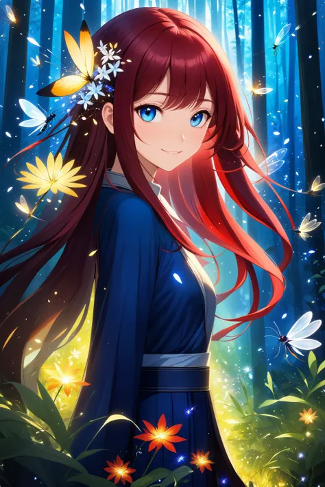 (masterpiece, best quality, highres, anime art style, pixiv), (vivid color, light particles, fireflies, bloom, light rays, flowers, petals), (1girl, solo, mature female, dark red hair, blue eyes, long hair), (slight smile, straight hair, full body), (abstr...