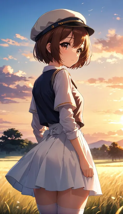 cinematic photo anime artwork cute girl, short hair, brown hair, (1girl), holding hands behind back, looking from behind, body facing sideways, looking at viewer, white skirt, (beret),  white stockings, grassland, sad, sunset, shadow on face, good contrast...