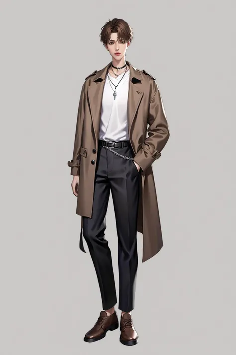 Character standing drawing, modern design, solo, pants, jewelry, grey background, full body, simple background, shirt, necklace, hand in pocket, brown footwear, belt, coat, brown hair, looking at viewer, black pants, choker, brown coat, white shirt, short ...