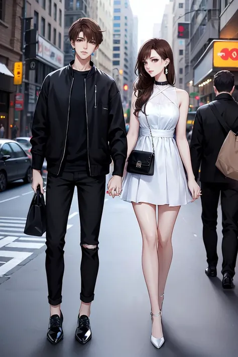 Character standing drawing,modern design,1girl,1boy,brown hair,jewelry,dress,pants,earrings,jacket,black dress,long hair,Urban Street Background,torn clothes,high heels,brown eyes,black pants,standing,full body,shoes,holding,bag,black jacket,holding hands,...