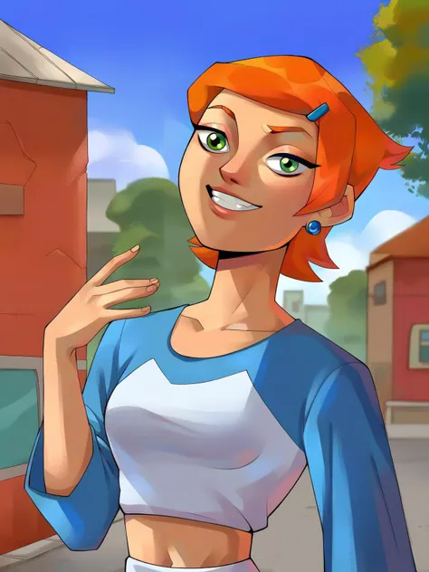 a cartoon girl with red hair and a blue top is standing in front of a building