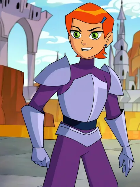 a cartoon image of a woman in a purple outfit and a red hair