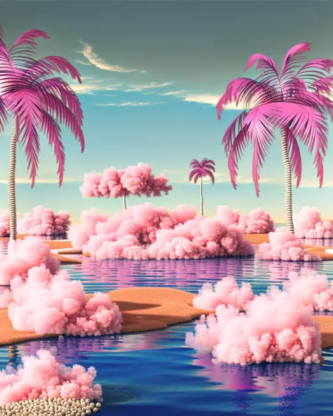 a small island with a bed and palm trees in the water and a pink sky background with clouds and a pink sky with a pink sky