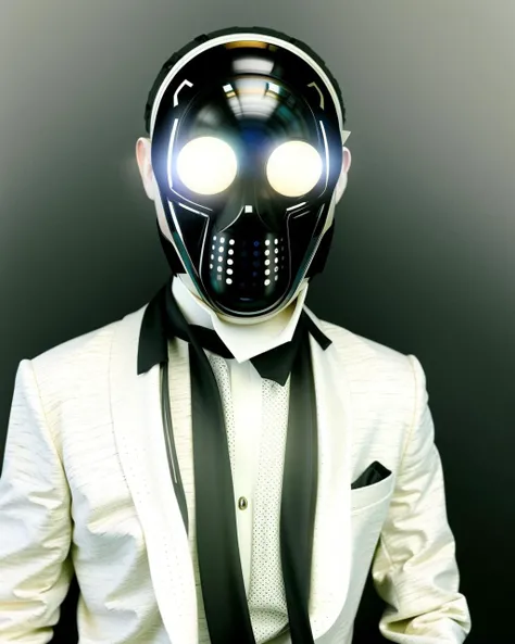 a man wearing a mask with a futuristic face on its head and a tie on his necktie and a white shirt and black suit