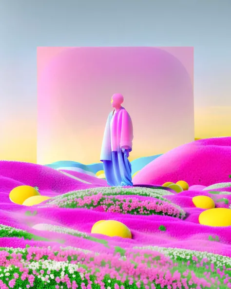 a man standing in a field of pink flowers and rocks with a pink background and a white frame over it with a pink and blue background