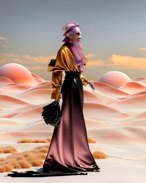 a woman in a long dress walking in the desert with a pink hair and a hat on her head and a pink scarf around her neck