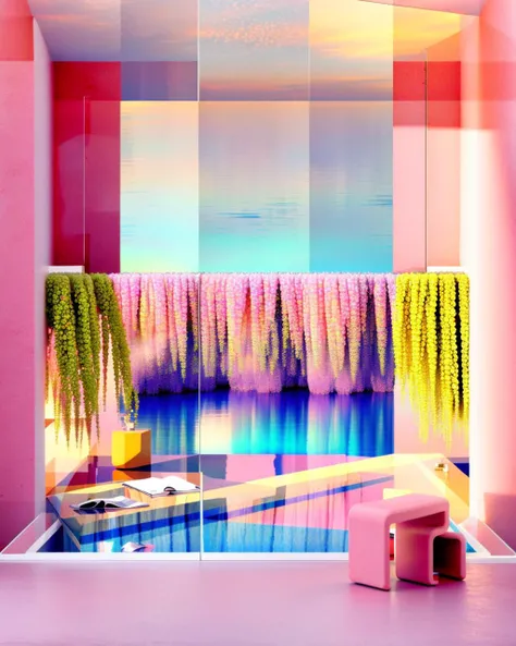 a pink room with a pool and a tree in the background and a pink chair and a pink table in the foreground and a pink wall with a pink wall