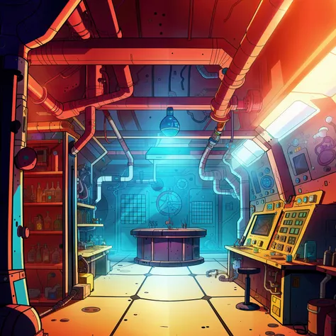 inside a underground alchemist lab, detailed illustration, cartoon, in the style of gravityfalls, <lora:gravityfalls_v1:0.5>