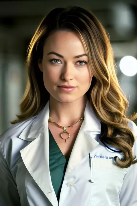 photo of  oliviawilde-5400, a woman as a doctor, modelshoot style, (extremely detailed CG unity 8k wallpaper), Intricate, High Detail, Sharp focus, smiling, photorealistic painting art by midjourney and greg rutkowski , (waist chain), ((hospital)), ((walki...