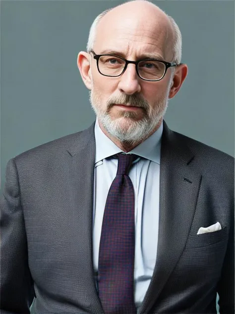 A white bald man,  wearing a (black)suit, mortnobody15, ((red tie))