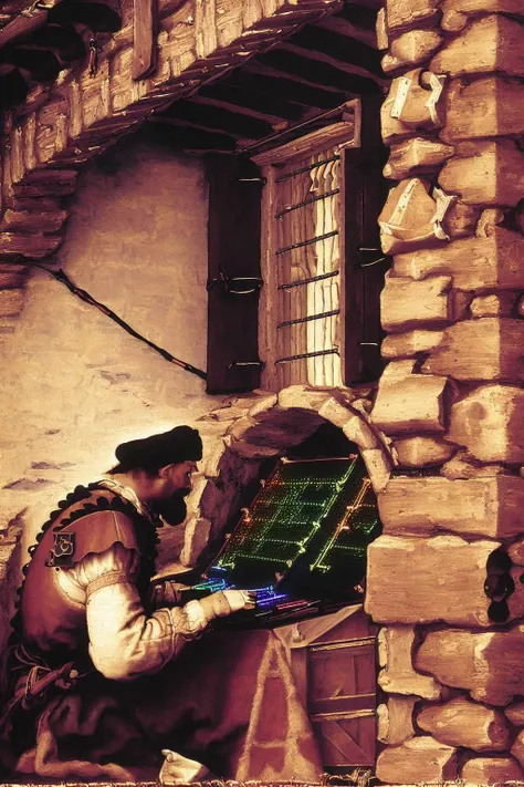 <lora:Stalenh4g:0.6>,(in the foreground a man is using a gaming computer with rgb lighting in a renaissance peasant house:1.4) and visible through the window are people riding horses in the town,computer ultrawide monitor,keyboard (computer),peasant villag...