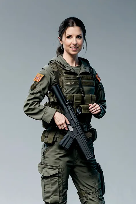 full body photo of (4nn4k3ndrick:1.0), a woman wearing millitary uniform carrying a assault rifle, modelshoot style, (extremely detailed CG unity 8k wallpaper), Intricate, High Detail, Sharp focus, smiling, photorealistic painting art by midjourney and gre...