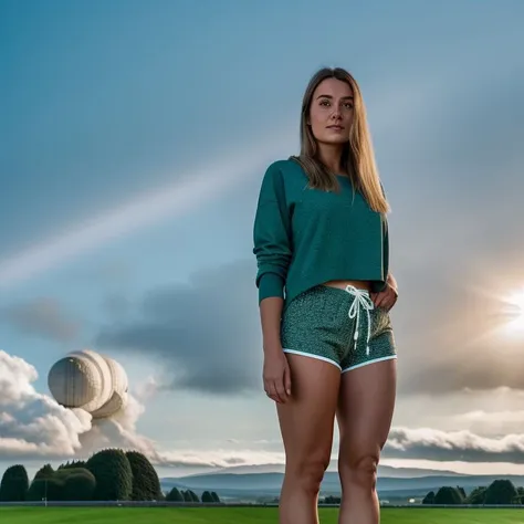 highly detailed 8k resolution photo of a beautiful woman wearing modal drawstring shorts standing on jodrell bank observatory, a...