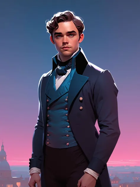 art by ilya kuvshinov, art by loish, art by ross tran, Photo taken at dusk, full body, [Dacre Montgomery|Nicholas Hoult] in a regency period outfit <lora:Regency_Period:0.7><lora:M_niji_XL:0.5> <lora:ComicBookStyleSDXL:0.5>