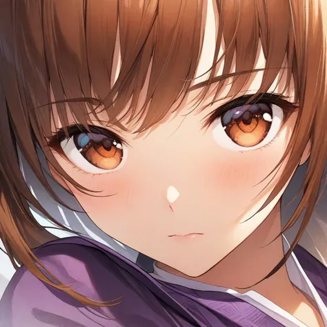 anime girl with brown eyes and brown hair in purple shirt