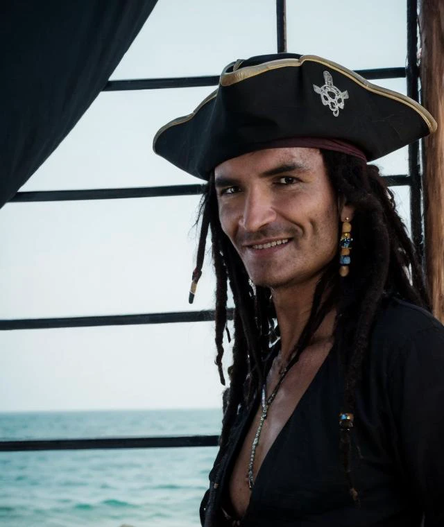 (closeup:1.2) portrait photo of smiling pirate (pistoletov:1.19) wearing black camisole and pirate hat, ship in background, beach, dreadlocks, [(Pirates of the Caribbean:0.6):(Pirates of the Caribbean:0.0):0.7], depth of field
<lora:alex pistoletov:0.95> <...