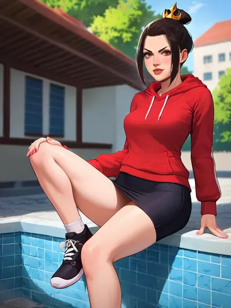 score_9, score_8_up, score_7_up, best quality, masterpiece, 4k, uncensored, rating_questionaable, solo, 1girl, BREAK  BREAK, college campus, brick buildings, BREAK azula atla, azula avatar, small breasts, red hoodie, black skirt, black sneakers BREAK <lora...