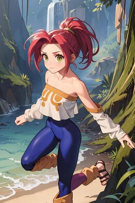 (masterpiece, best quality), 1girl,   <lora:Legaia_Noa:0.8> LegaiaNoa, ponytail, unitard, bare shoulders, detached sleeves, leg warmers, sandals, single glove, gauntlets