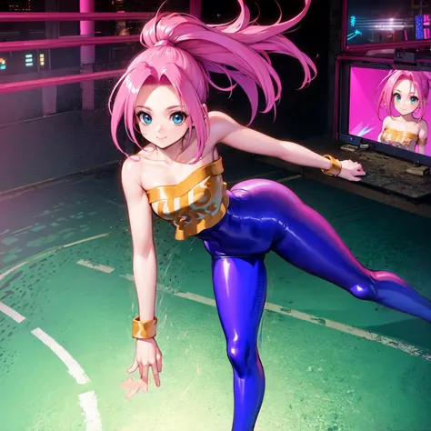 masterpiece, high res, detailed face, detailed eyes, anime screencap 1 girl, solo,  smile, pink hair, ponytail, unitard, leg warmer, cowboy shot, ((full body)), indoors, cyberpunk wrestling arena <lora:Legaia_Noa:0.8>