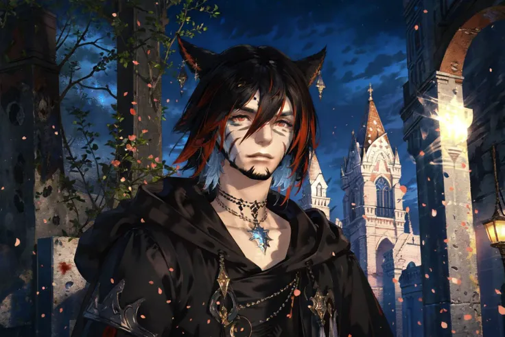 anime character dressed in gothic costume standing in front of a castle