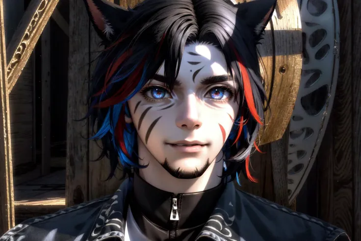 a close up of a person with a cat ear and a black jacket