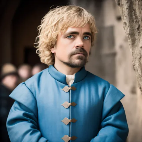 RAW photo, a portrait photo of a small adult man in medieval clothes, (blue eyes:1), aged face, day, fairy landscape, (high detailed skin:1.2), 8k uhd, dslr, soft lighting, high quality, film grain, Fujifilm XT3  (sharp face:1.2) <lora:Peter Dinklage:0.9>