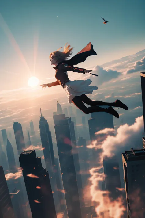 a woman flying through the air over a city with a bird flying above