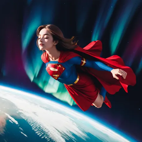 a woman in a superman costume flying over the earth