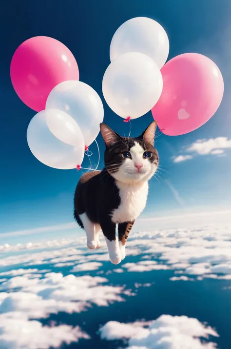 a close up of a cat flying in the sky with balloons