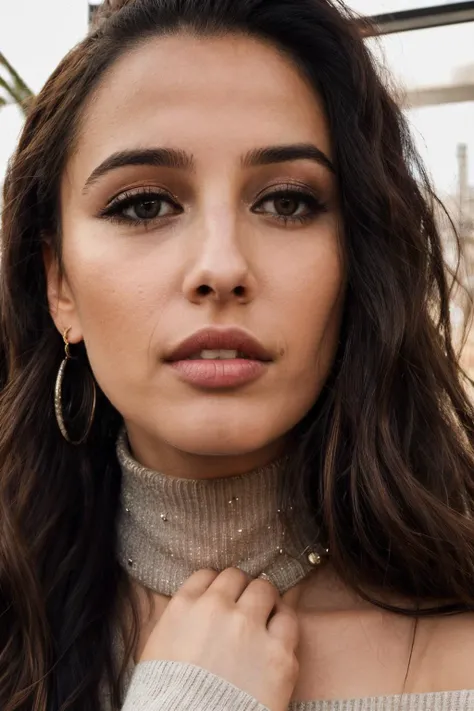 nas piercing eyes, looking straight, very happy,long hair, wearing an off-shoulder sweater, choker, closeup portrait, in a outdoor cafe in 2015, afternoon light, <lora:NaomiScott-RealVision-V1.0:1>